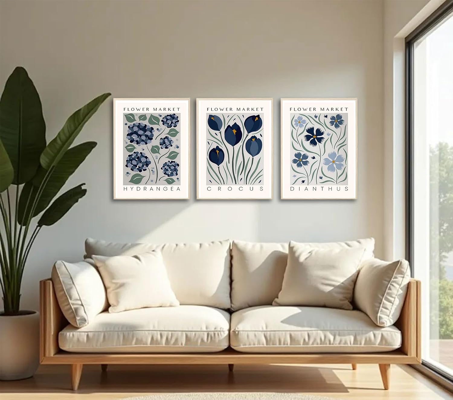 3pcs Framed Canvas Print Blue Floral Botanical Wall Art Vintage Hydrangea Crocus Dianthus Flower Poster Floral Gallery Picture For Bedroom Living Room Decor 16x24 Inches Ready To Hang