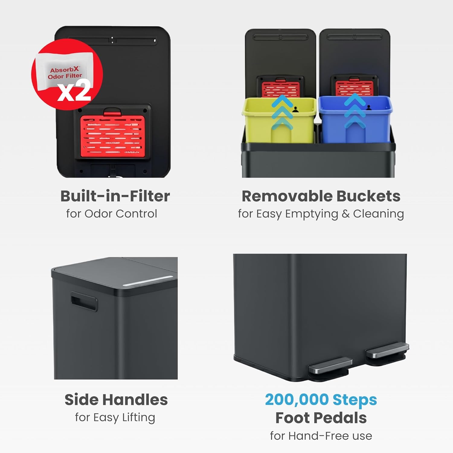 iTouchless 16 Gallon / 60L Dual Kitchen Trash Can & Recycle Bin, 2x8 Gal Removable Buckets, Soft-Close Stainless Steel Step Pedal, Fingerprint-Resistant, AbsorbX Odor Filter – Gunmetal Gray