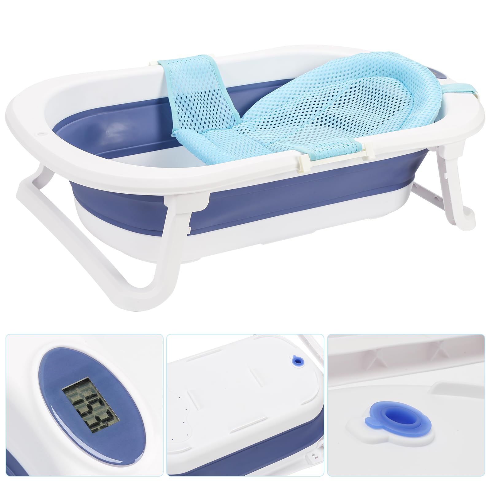 Baby Badewanne - Faltbar, Klappbar mit Thermometer und Badematte - Rutschfeste Babybadewanne für Neugeborene 0-6 Jahre, Blau