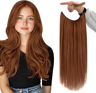 Full Shine Invisible Wire Hair Extensions 16 Inch 86G Auburn | Transparent Wire, Adjustable Fish Line, Clip in Human Hair, Seamless Blend, Party Hairstyle for Women