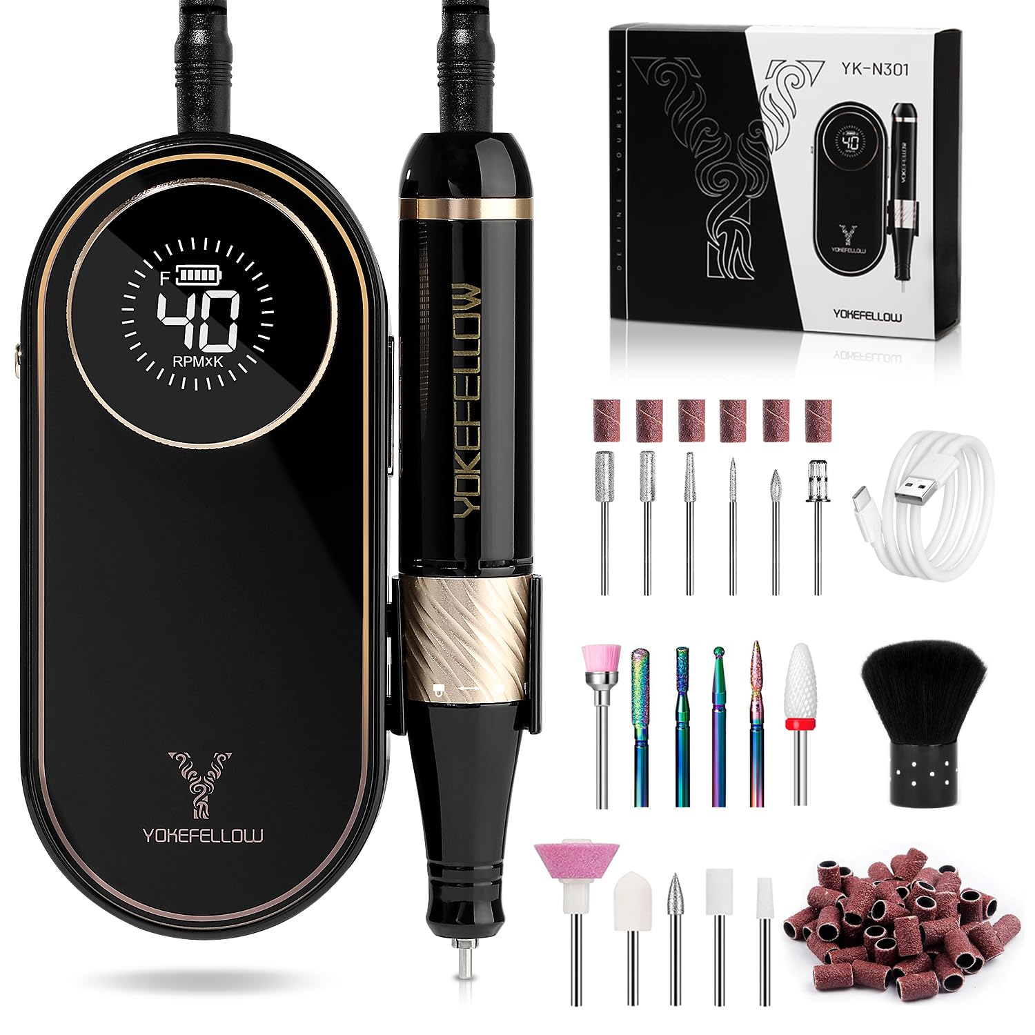 Yokefellow - Trapano per unghie, 40000 giri/min, lima professionale ricaricabile con spazzola per polvere e 17 punte per unghie, per manicure in acrilico/polvere a immersione, Regno Unito