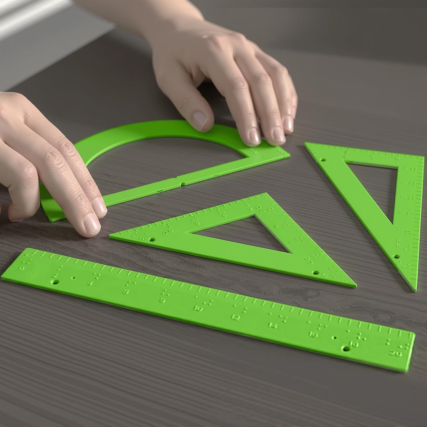 Tactile Braille Geometry Set for Blind & Visually Impaired Students, 6-Piece Math Tools Kit with Ruler, Protractor, 30°/60° Triangles for Special Education