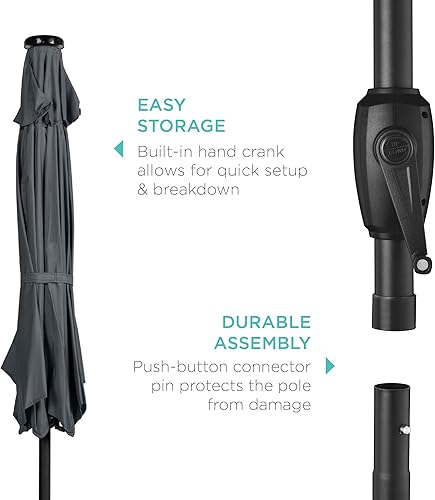 Vista 319 de Best Choice Products - Sombrilla solar de 7.5 pies para exteriores, patio, mesa, mercado, terraza, piscina con inclinación, manivela, luces LED