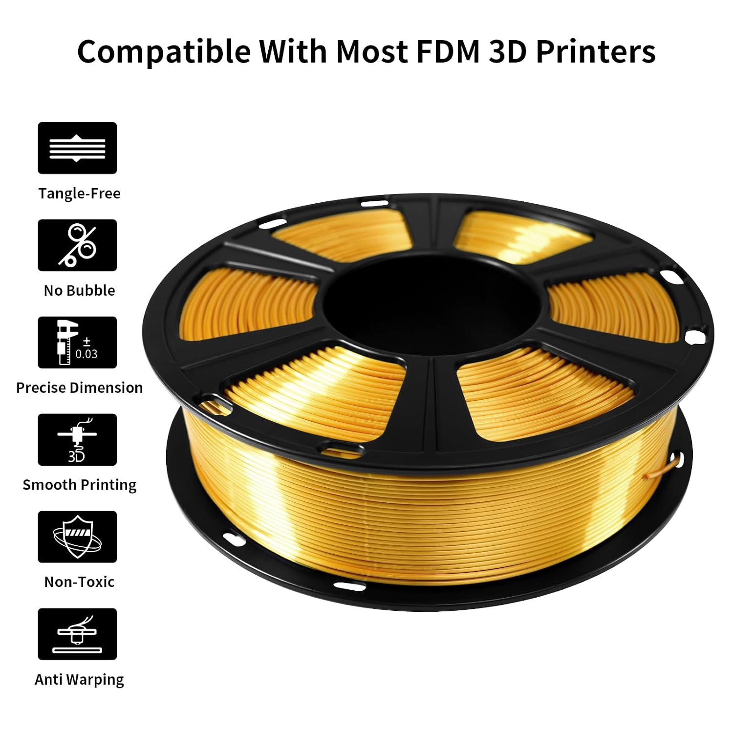  Silk PLA Filament 1.75mm for 3D Printer, Metal-Like Shiny Consumables 1kg (2.2lbs) 1 Spool, Dimensional Accuracy +/- 0.02 mm, Metallic Gold Silk Filament thumbnail