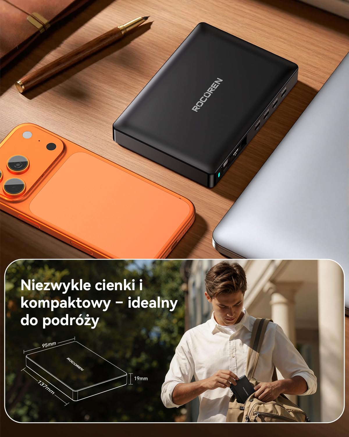 Rocoren Ładowarka USB C 8 w 1, z wysuwanym kablem, stacja ładująca USB GaN z wieloma urządzeniami, kompatybilna z laptopami, MacBookiem, iPadem, iPhonem, Samsung i innymi