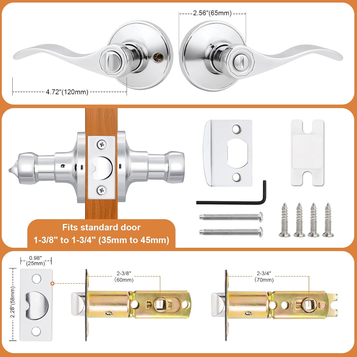 Probrico Interior Door Handle Wave Style Privacy Door Lever Polished Chrome Bed and Bath Handle Interior Keyless Leverset Lockset, Left/Right Handed,1 Pack