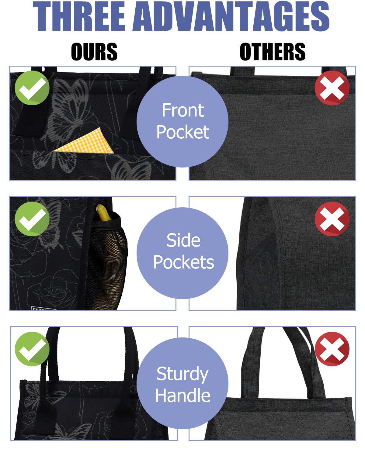 Lonchera aislada para mujer, bolsas de almuerzo grandes de 9 litros con múltiples bolsillos, bolsa térmica reutilizable para el trabajo, oficina, picnic, viajes, cierre de velcro, mariposa 2