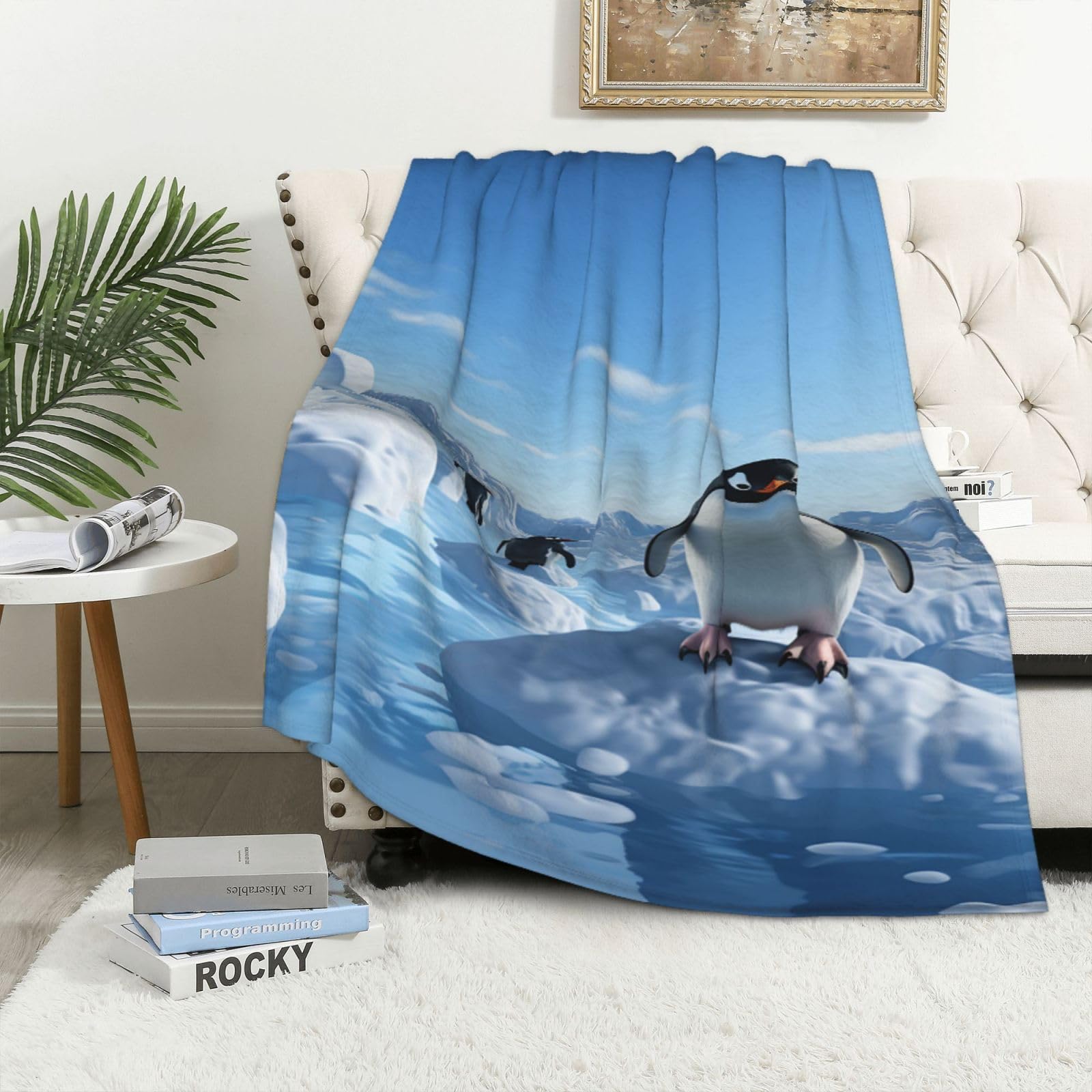 Couverture en peluche légère pingouin pour réchauffer vos soirées sur le canapé