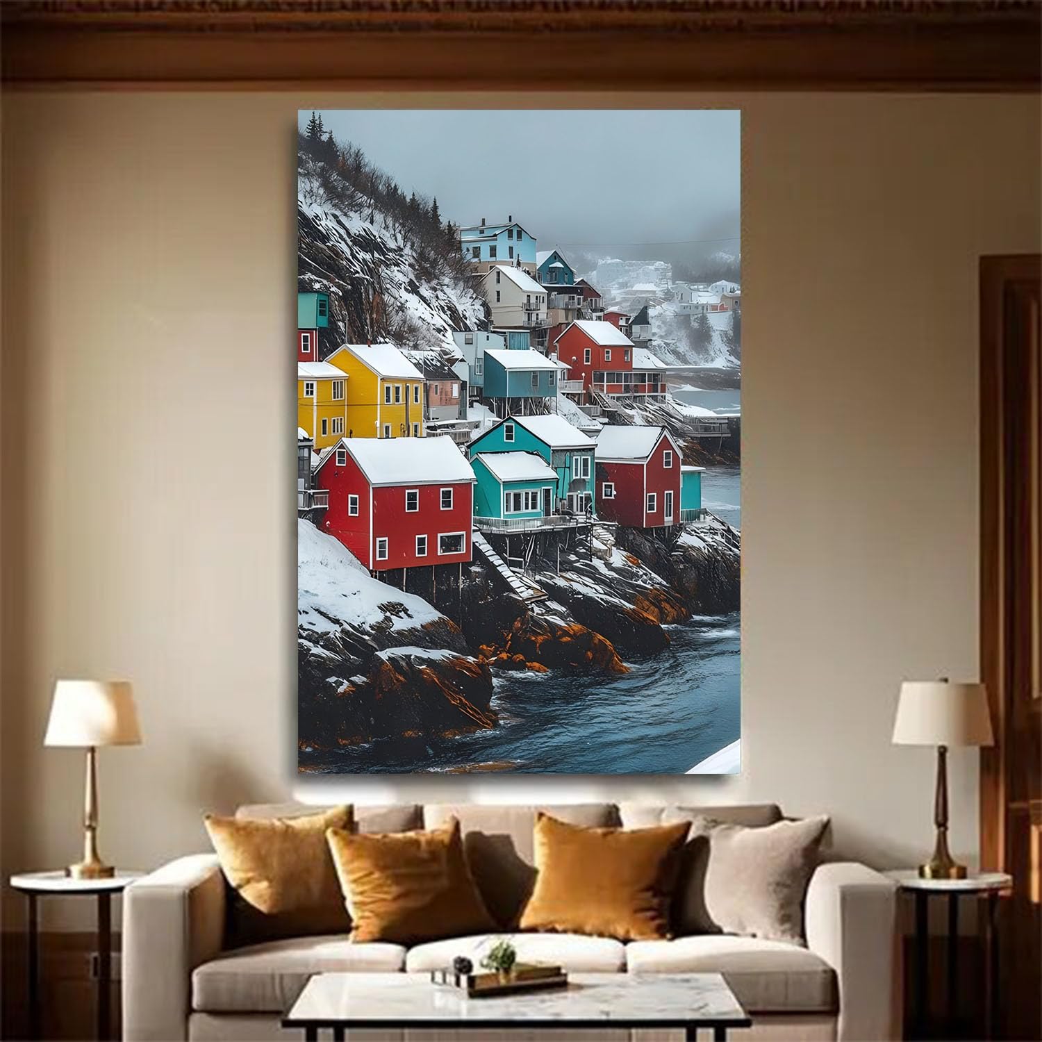 Decoración de pared invernal junto al mar con lienzo de casas costeras y pueblo pesquero