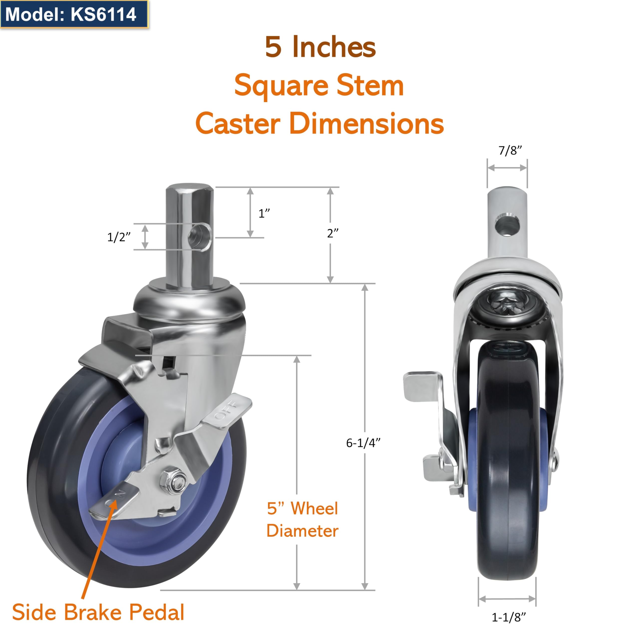 GSW Set of 4 Stem Casters 5 Inch Swivel Wheel with Brake Capacity 370 IBS KS6114