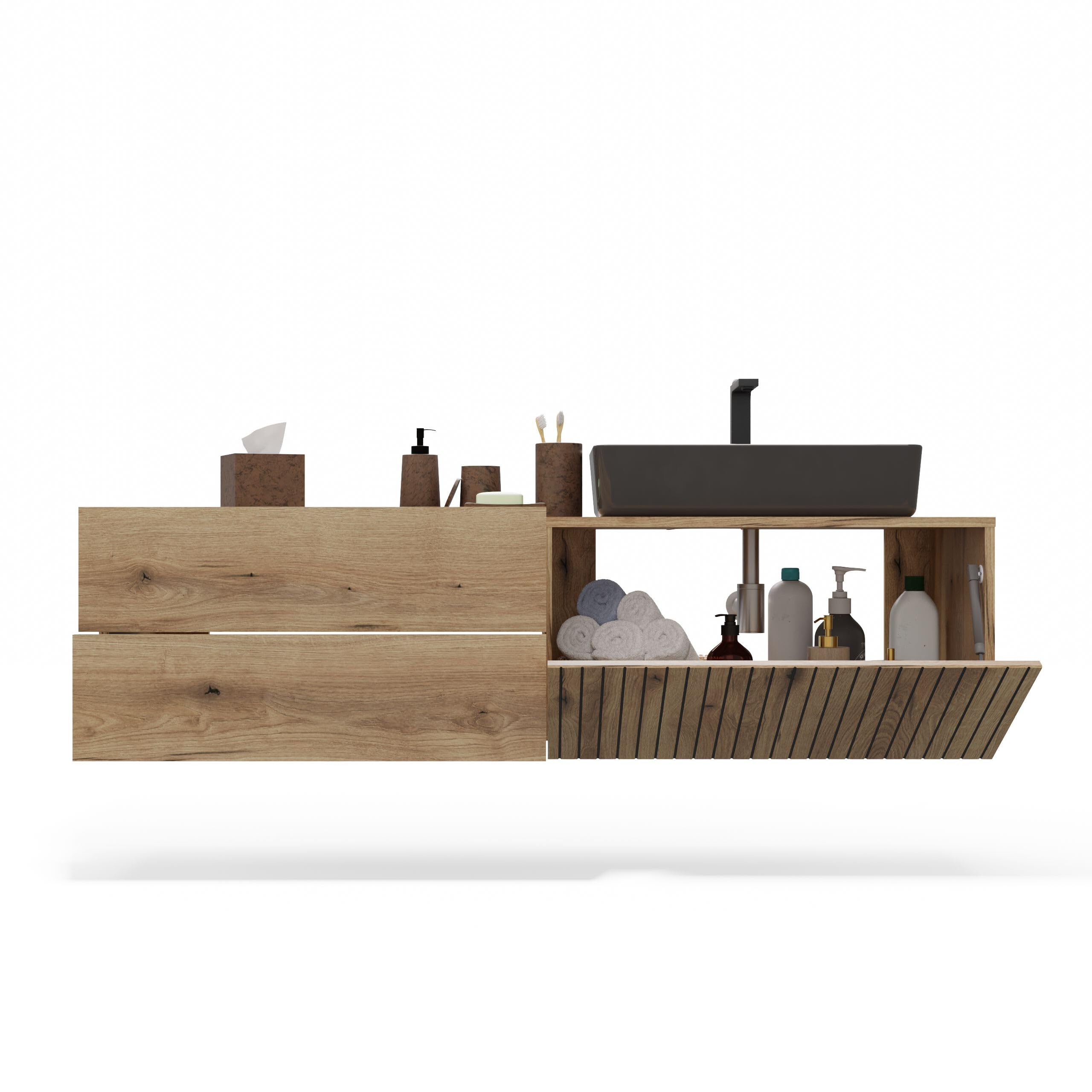 ARREDO DA CASA Mobile Bagno Sospeso 140 cm, Mobile Lavabo per Bagno Moderno, Anta a Ribalta Cannettata, 2 Cassetti Soft Close, per Lavabo d’Appoggio, Rovere Antico MLBT3