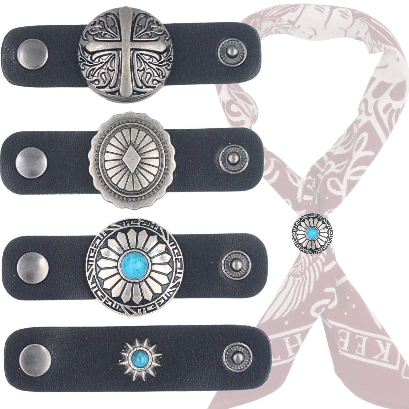 PEARLY JUN 4Pcs Western Bandana Scarf Ring Neckerchief Slide Buckle for Men Women Silk Scarves Cowboy Accessories