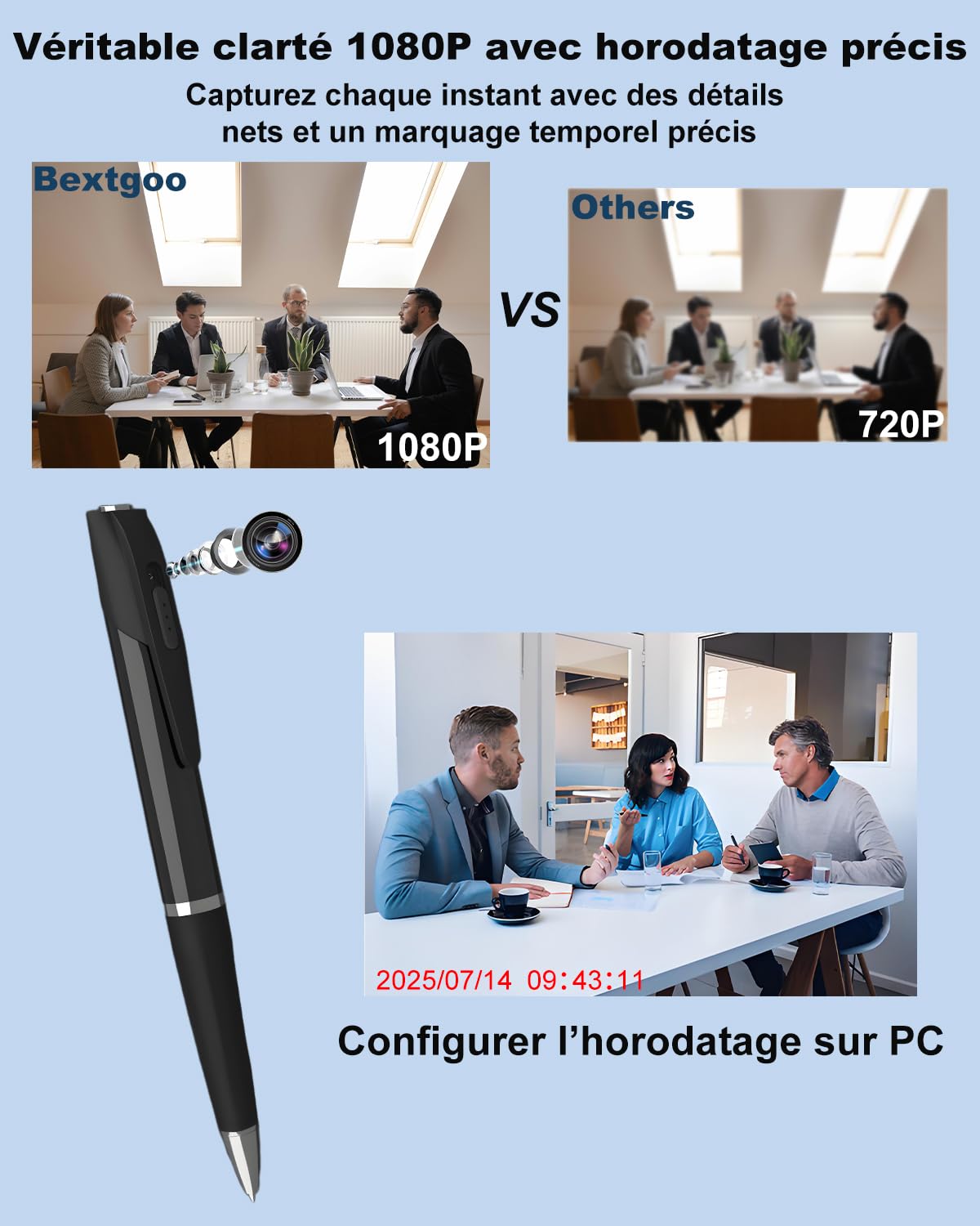 Bextgoo Camera Espion, Mini Camera Espion sans Fil avec Carte Mémoire de 32 Go, 1080P HD Caméra Cachée Stylo, Enregistrement Vidéo Prise de Photo, Loop Storage, Stylo Espion pour Réunion d'affaires