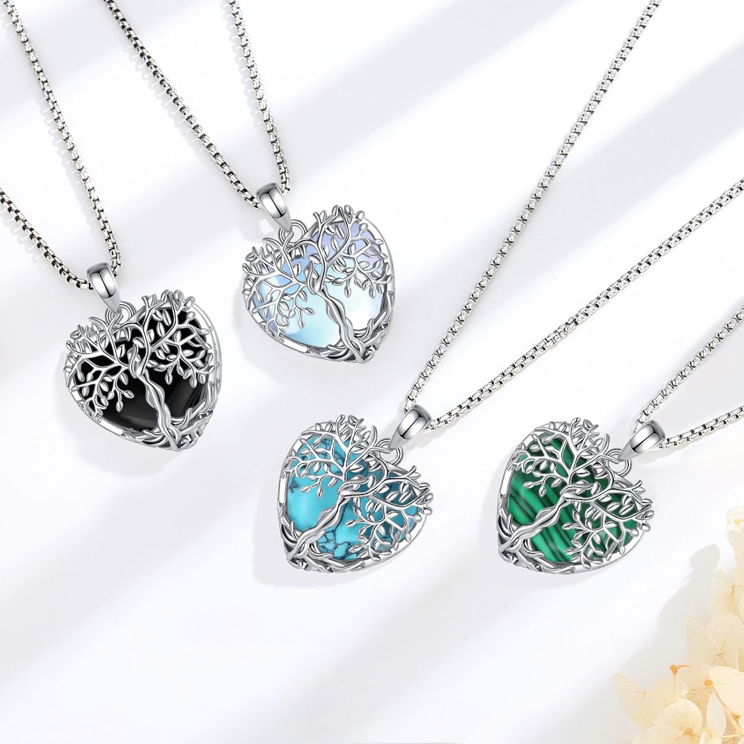 Vito Tree of Life Necklace for Women Men, Silver Plated Copper Teardrop Moonstone/Obsidian/Turquoise/Amethyst/Malachite Crystal Tree Necklace Protection Energy Amulet Jewelry Gift for Mom Wife, 20+2" - Image 7