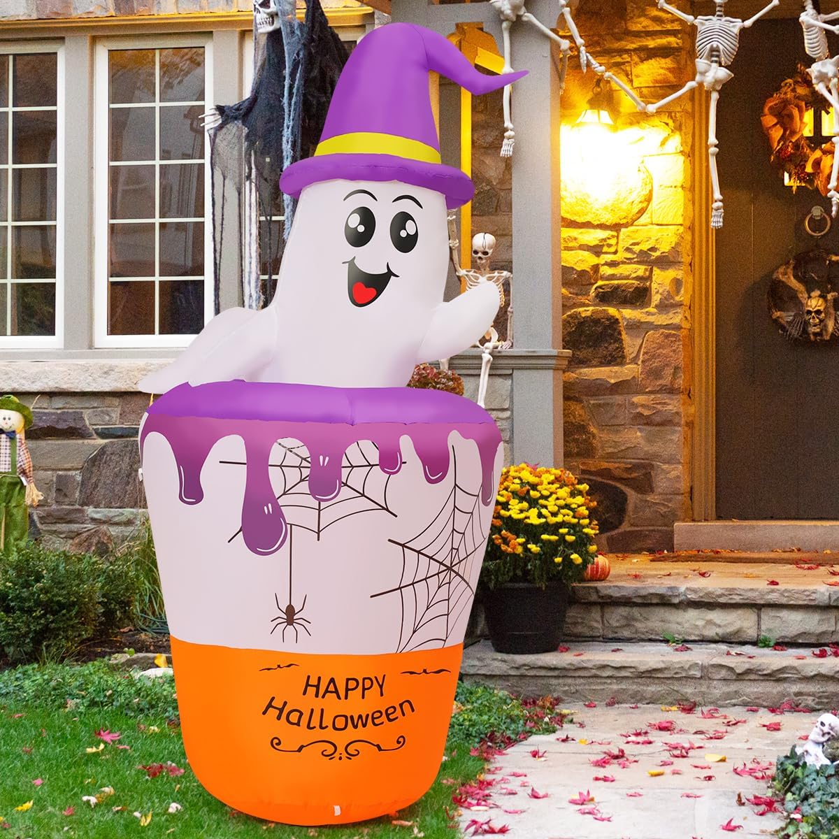 GOOSH 5.5 FT Halloween Inflatables Ghost with Barrel Outdoor Decorations Blow Up Yard with Built-in LEDs for Garden Lawn Indoor Party Decor