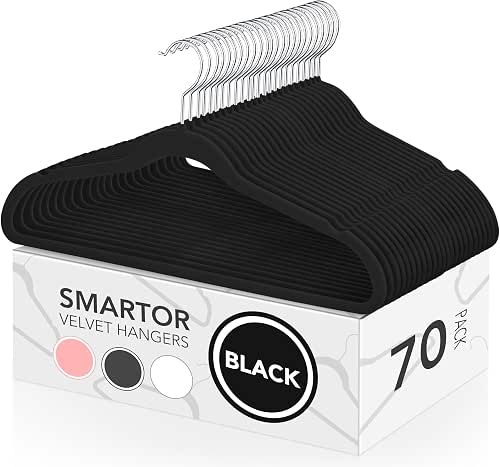 Smartor Velvet Hangers 70 Pack, Black Non Slip Clothes Felt