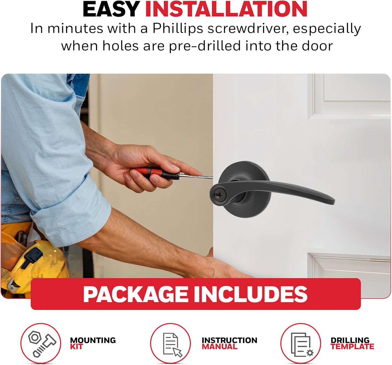 Honeywell Safes & Door Locks Interior Door Handle – Lever Door Handle with Reversible Design, Matte Black, Keyed Entry Function, Easy-to-Install Door Handles for Home & Office - 8108700