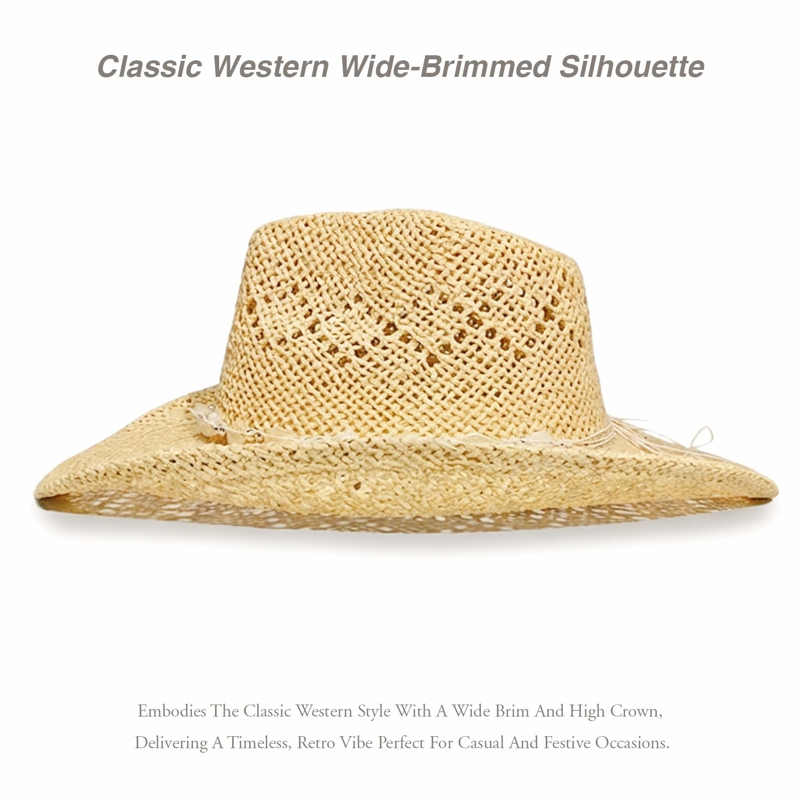 Chapeau de cowboy pour homme et femme - Chapeau de cowboy occidental en paille tissée avec bordure perlée et bord façonnable pour fête, plage