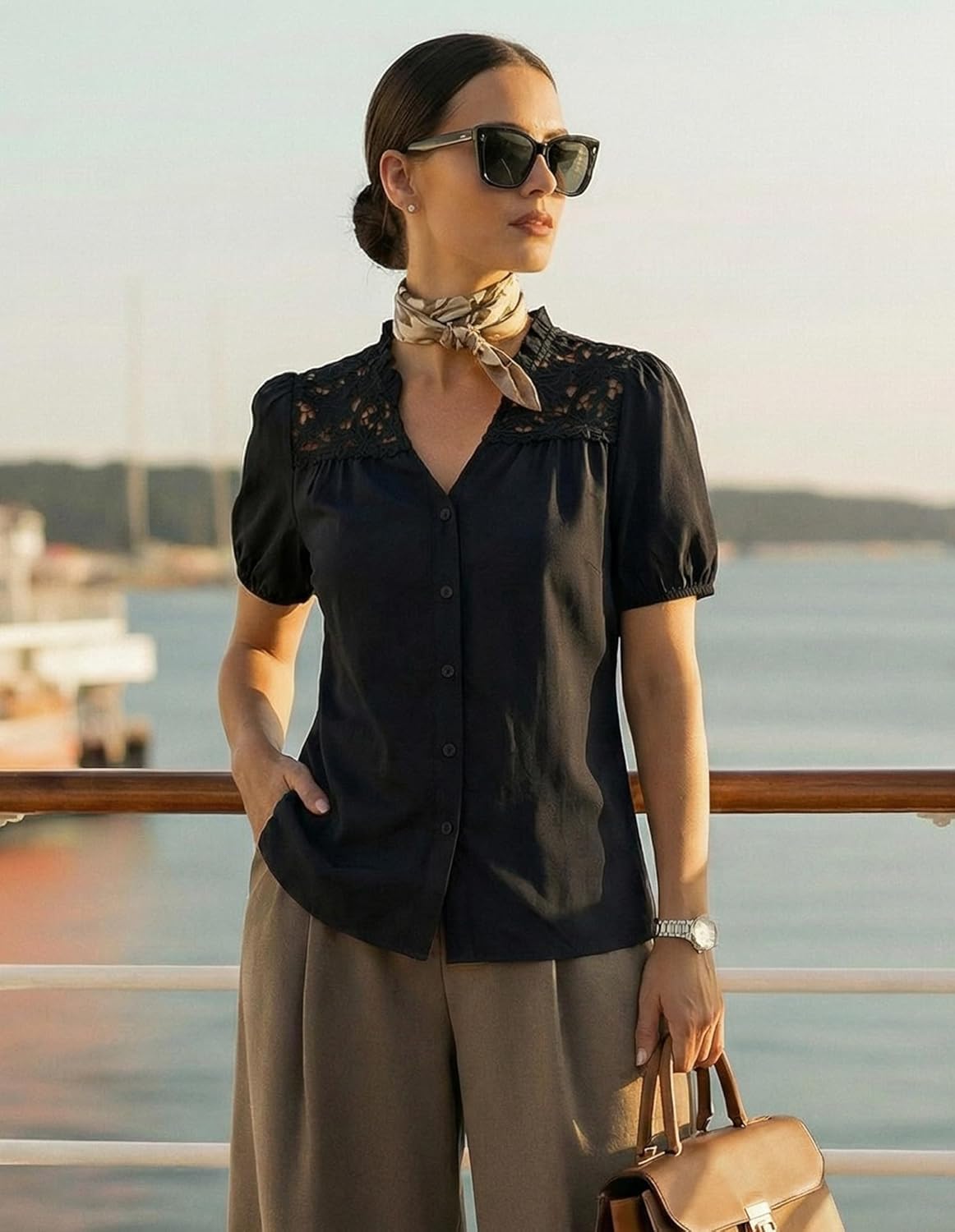 GRACE KARIN Women's 2026 Summer Casual Tops, Dressy Short Sleeve Lace Shirts, V Neck Button Down Work Blouses Outfits Shirt - Image 3