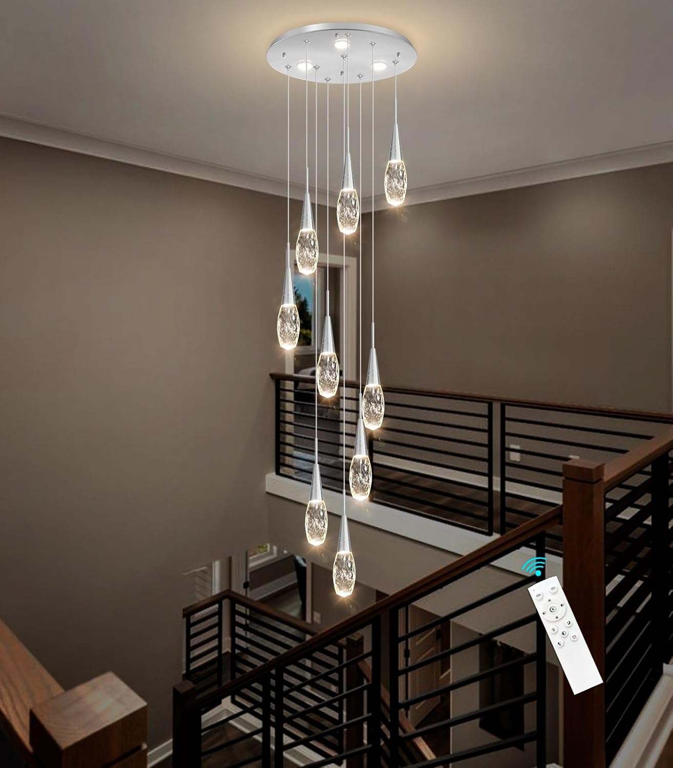 118 Inches Long Chandelier Adjustable Hanging Lights Modern Glam Crystal Ceiling Pendant Dimmable Lighting Fixture for Hallway Foyer Living Room Silver