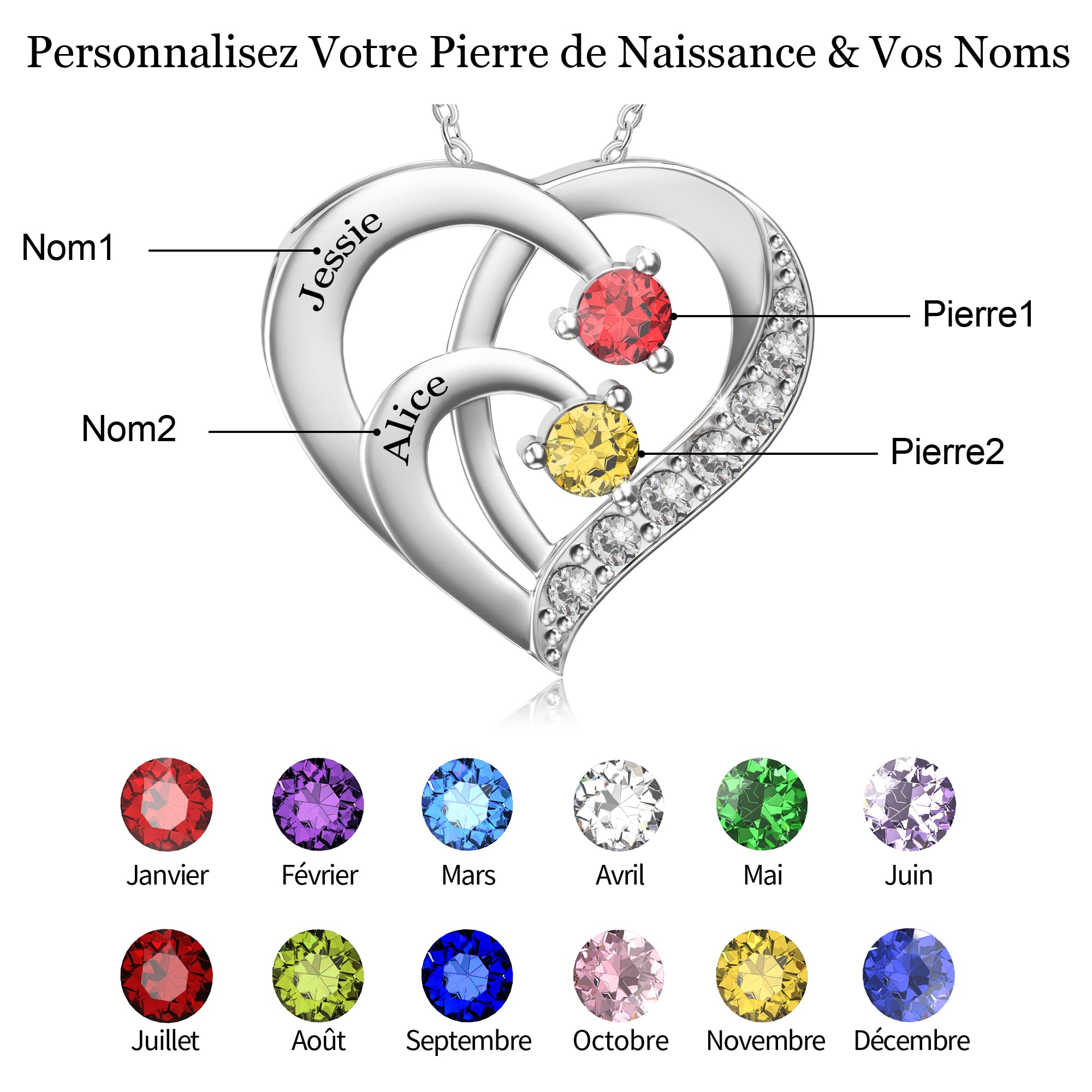 Easycosy Collier Personnalisé Prénom avec Pierres de Naissance Collier gravé 1-4 Nom Collier Pendentif Cœur Bijoux Personnalisé Cadeau Femme Fille Maman Mamie Copine pour Anniversaire Noël St-Valentin