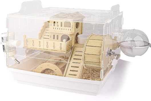 Cycodo 8 in 1 Acrylic Hamster Cage,2-Tier Dwarf Hamster Cage with Wooden Wheel & Hideout,Small Hamster Habitat with Accessories,Clear Pet Mice HouseWhite,14" L*10" W*11" H