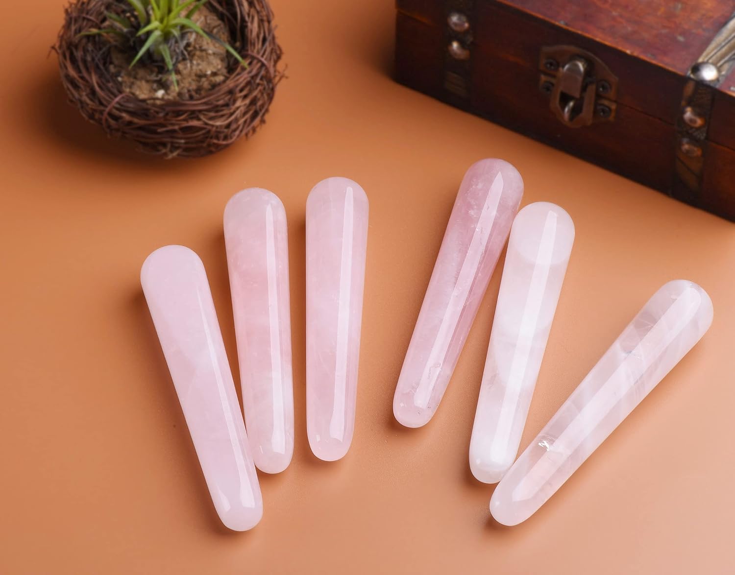 AMOYSTONE 2Pcs Natural Rose Quartz Massage Wand Pink Crystal Massage Scraping Tool Treatment 4"