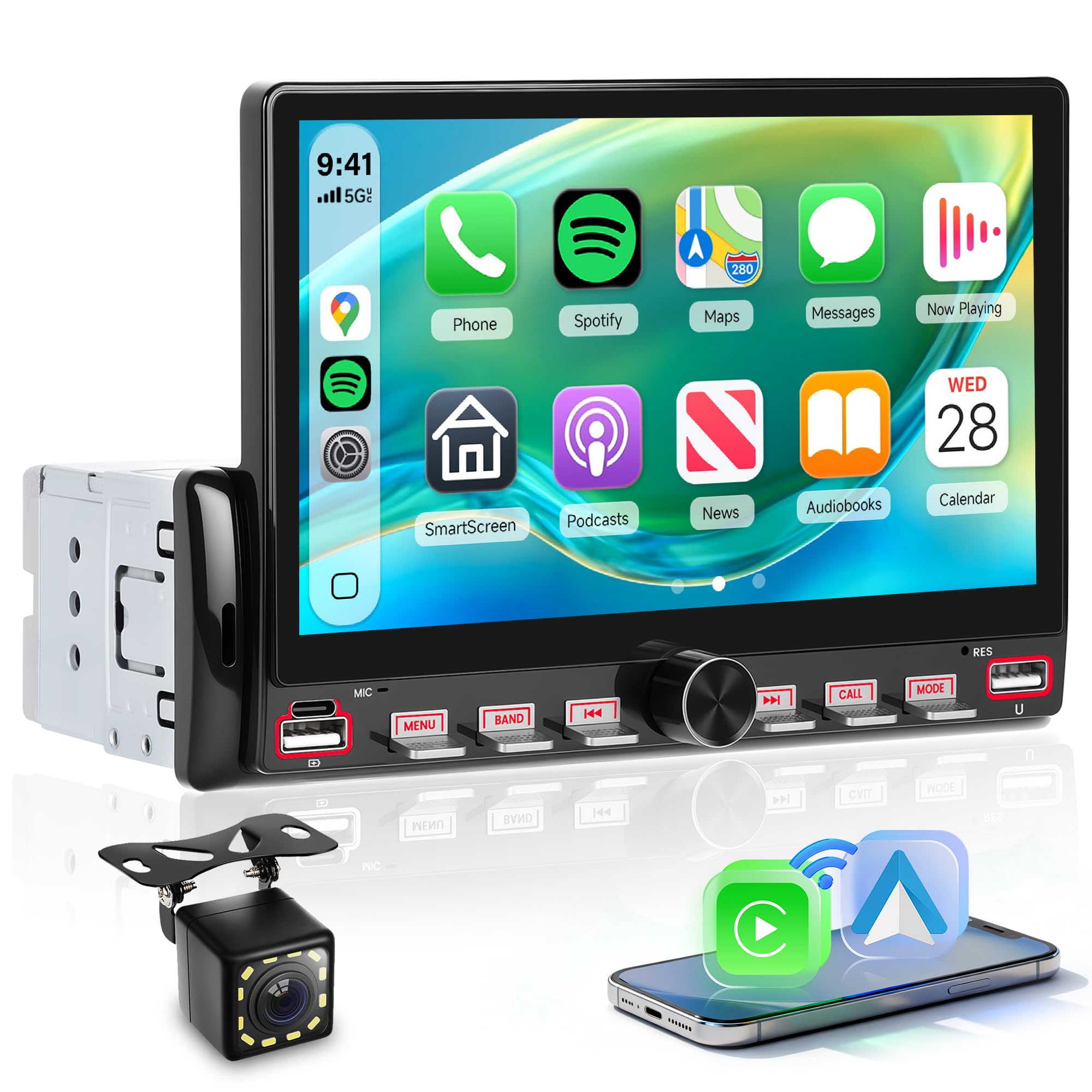 Rimoody Autoradio 1 Din Carplay Android Auto Wireless, 7'' IPS Touchscreen Stereo Carplay 1 Din con Mirror Link Vivavoce Bluetooth FM EQ Tipo-C 2USB Controllo del Volante Retrocamera