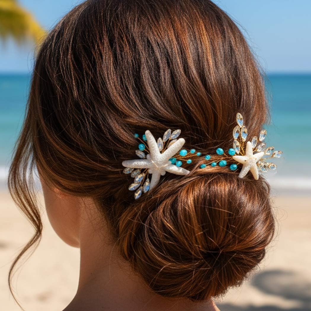 HEREAD Starfish Hair Pins Gold Crystal Hair Accessories Beach Mermaid Hair Pieces for Women and Girls (Pack of 2) (Gold) - Image 6