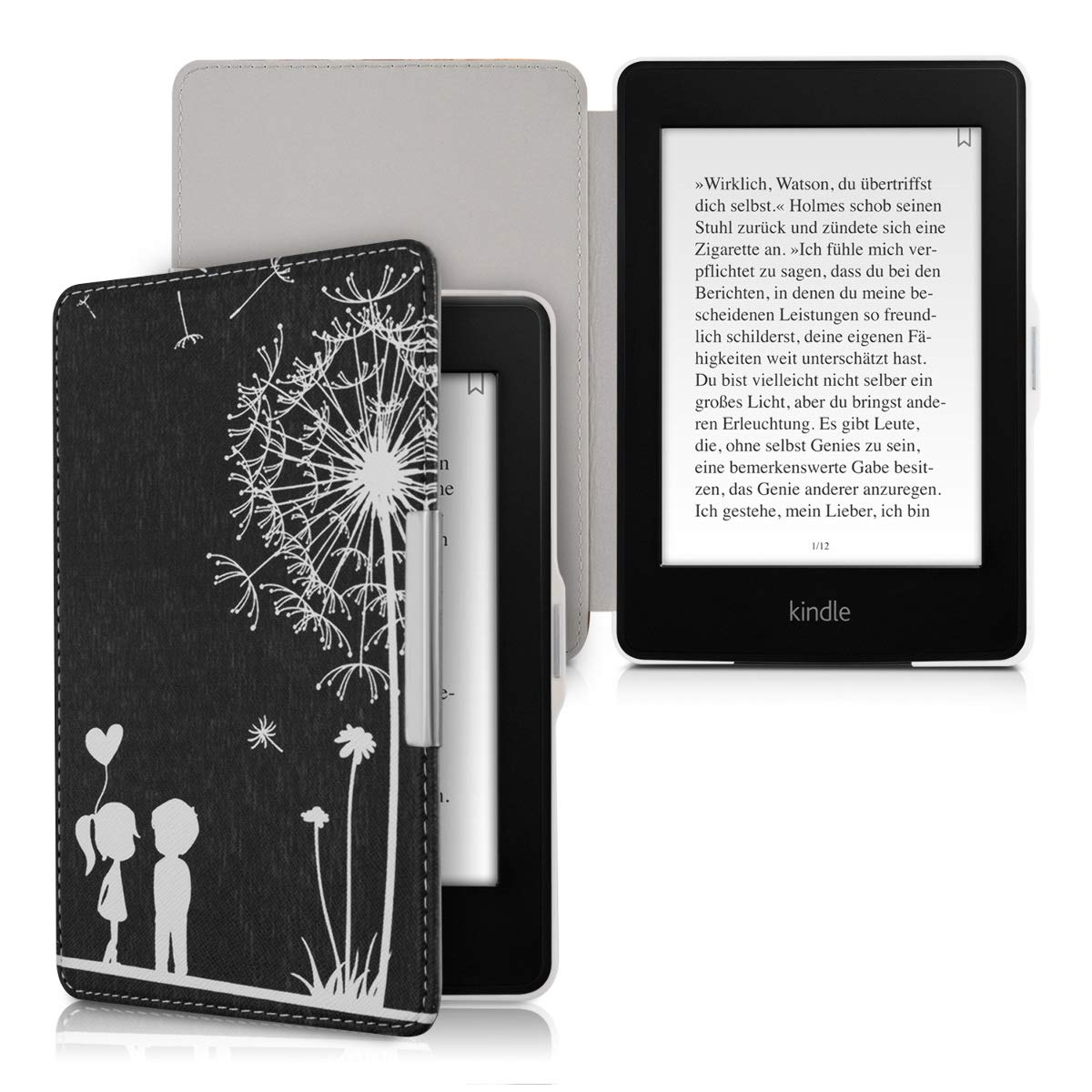 kwmobile Custodia eReader Compatibile con Amazon Kindle Paperwhite Cover - eBook Reader Flip Case - bianco/nero - Amore