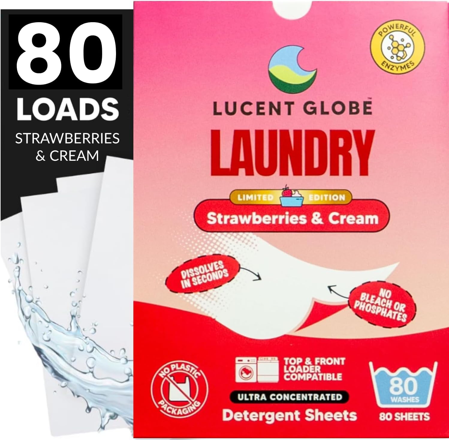 Lucent Globe Strawberries & Cream - Limited Edition 80 x Laundry Detergent Sheets, Plant-Based, Biodegradable, Plastic Free Packaging. World's Best Smelling Laundry Detergent.