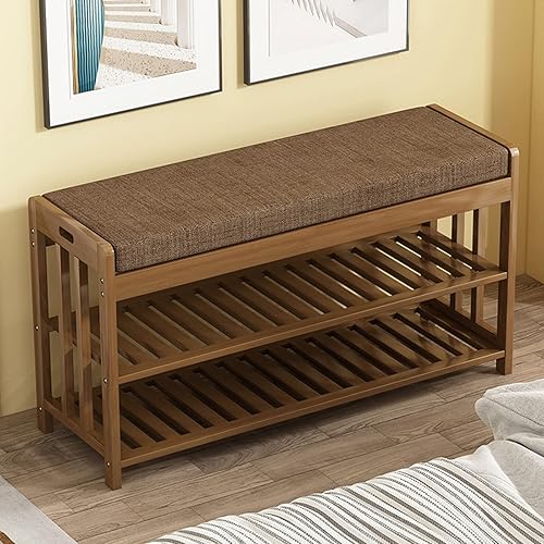 Miniatura 3 de ZZenSmot Moderno bambú con cojín tapizado, zapatero para almacenamiento de zapatos, taburete para sala de estar, dormitorio, entrada, pasillo,