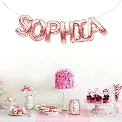 Miniatura 5 de PartyForever SOPHIA - Pancarta grande de 16 pulgadas, globos de papel de aluminio de oro rosa, letras con nombre para mujeres y niñas, decoraciones