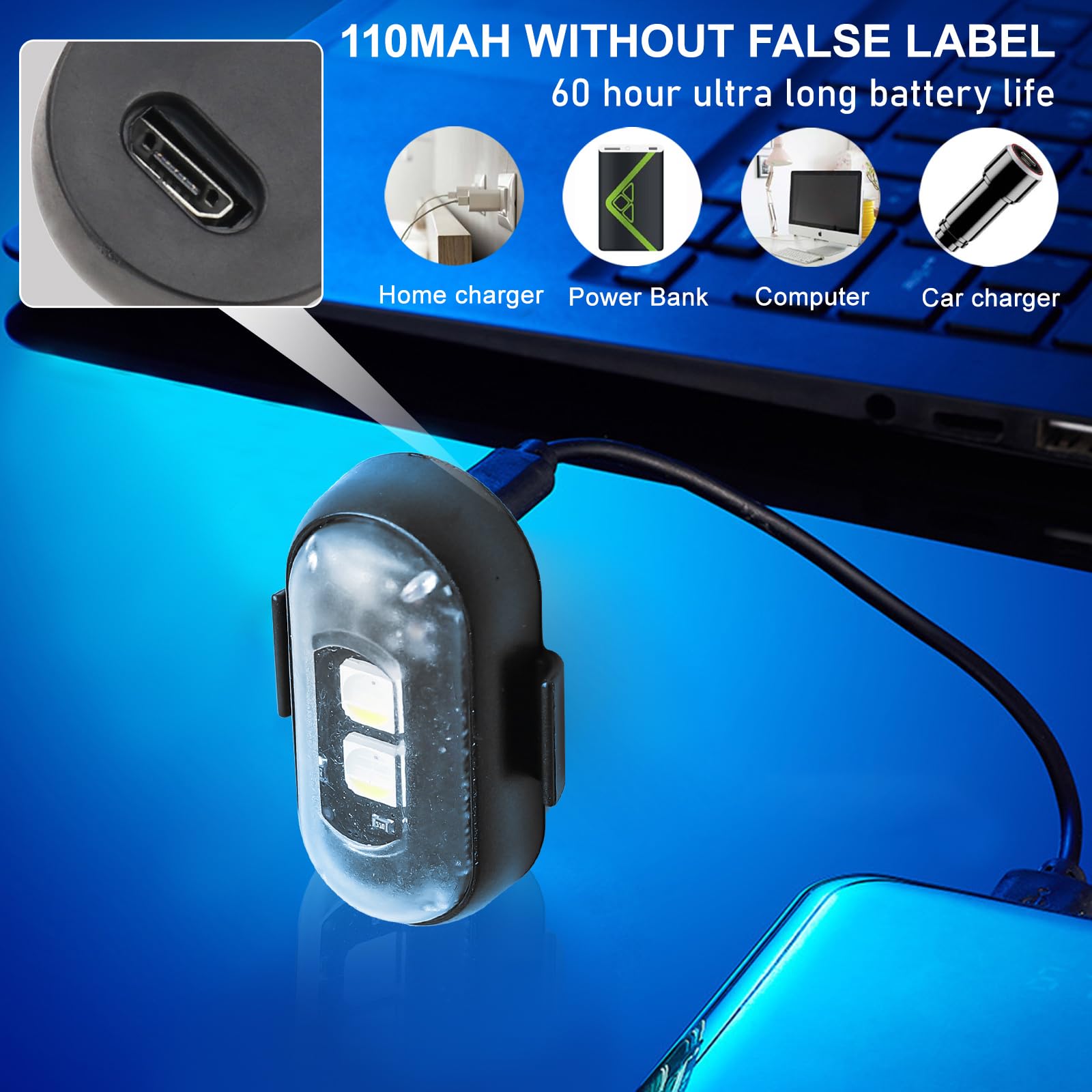 GBKDQQ Lot de 8 lumières LED sans fil pour voiture, éclairage d'ambiance avec charge USB et télécommande, flash LED, 8 couleurs, étanche, anti-collision, pour drone, camion, moto