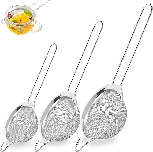 Juego de 3 coladores de malla fina con mango, tamiz de metal pequeño, mediano y grande, tamiz de acero inoxidable para cocina, jugo de arroz,