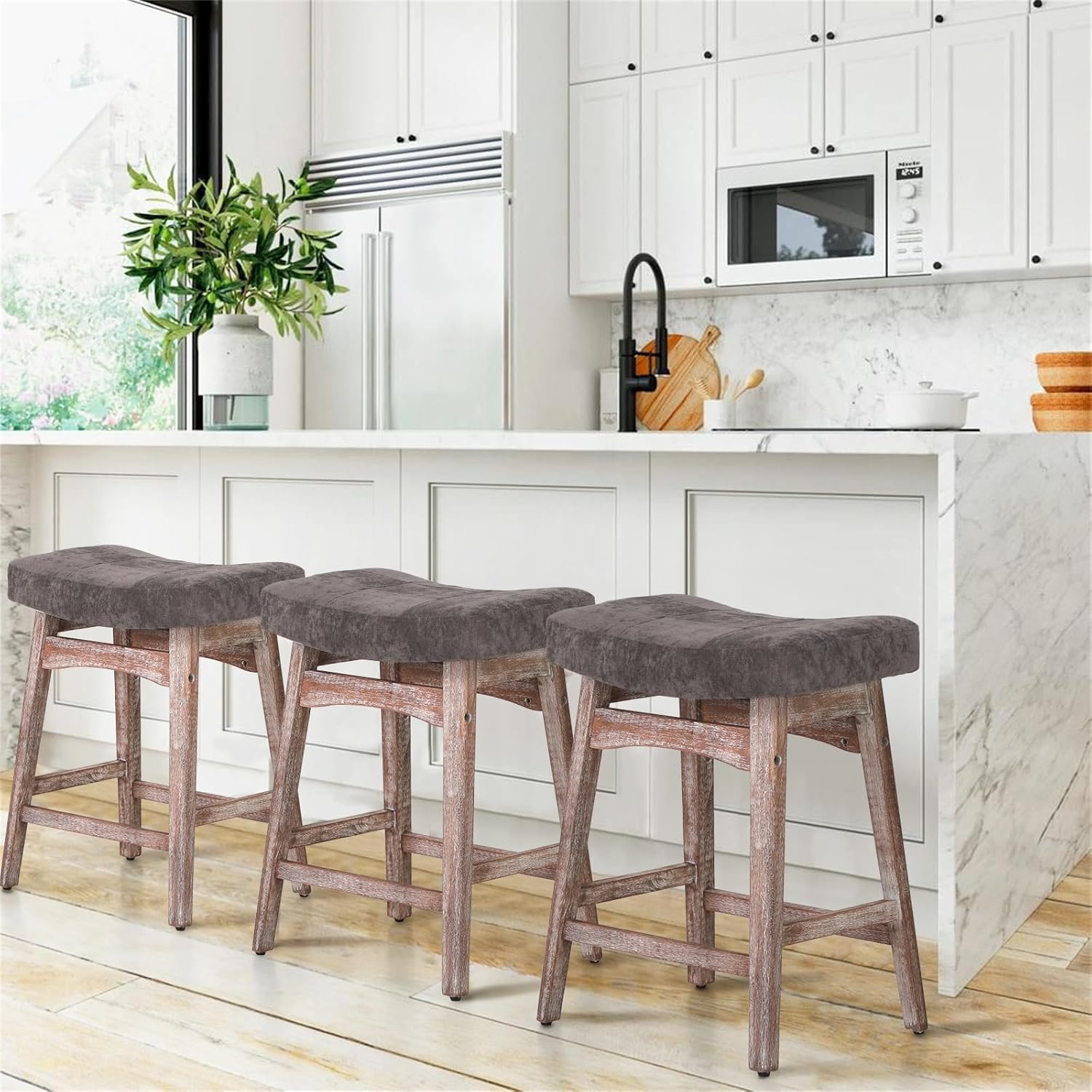 Sophia & William Gray Bar Stools Set of 3, Counter Height Modern Bar Stools with Linen Fabric Seat & Solid Wood Legs, 24 inch Bar Chairs