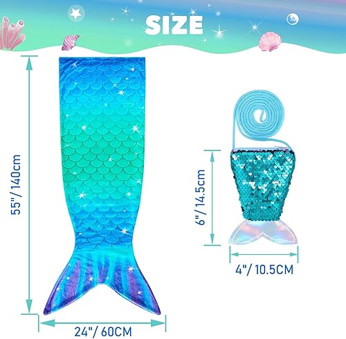 Miniatura 5 de Manta de cola de sirena para niñas y niños, manta de sirena con monedero, manta de franela suave para acurrucarse, juego de regalo de cumpleaños