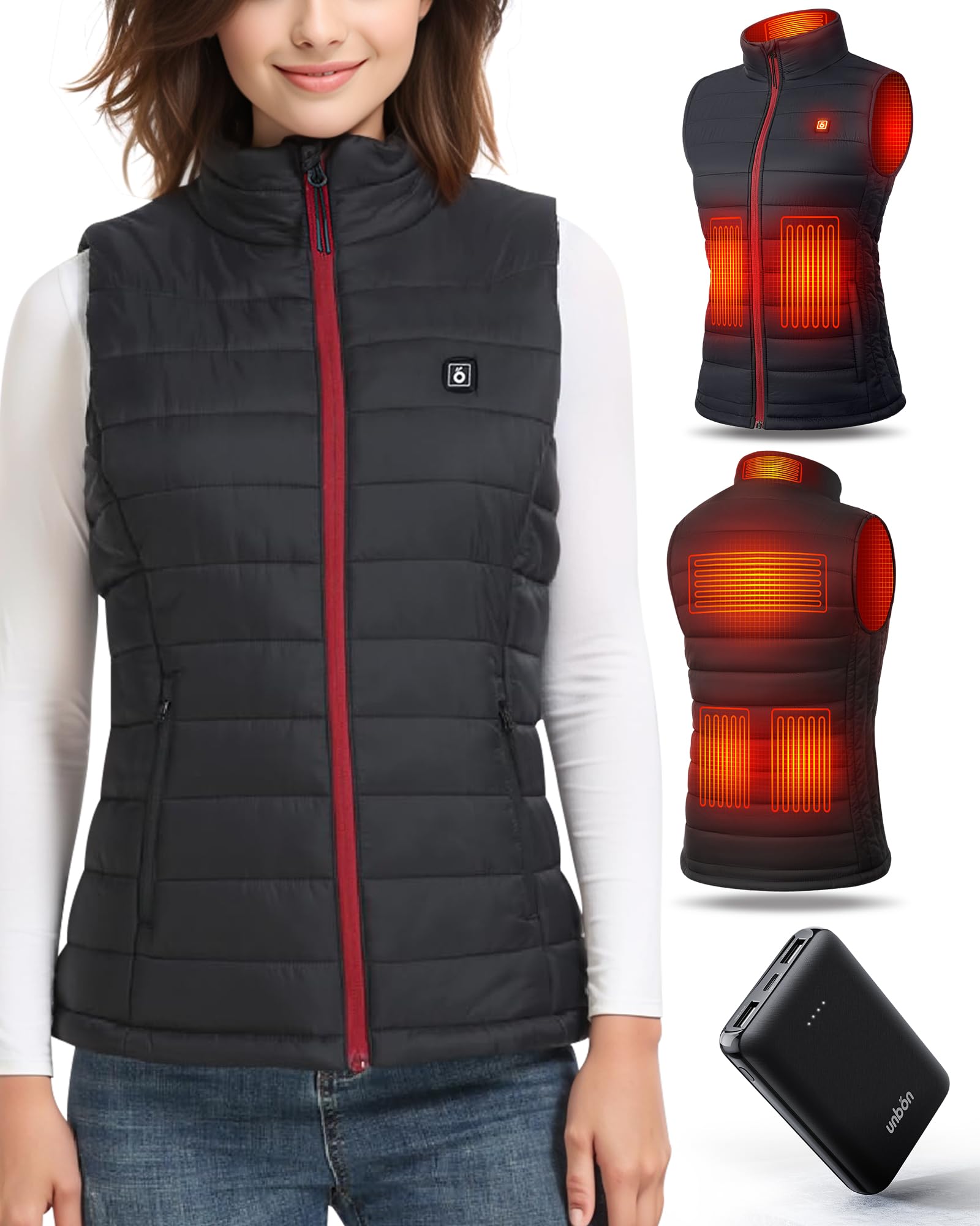 UNBON Gilet Riscaldato Donna, Giubbotto Riscaldato Donna con Batteria USB 10000mAh, Giacca Riscaldata con 3 Temperatura 6 Zone di Calore, Gilet Giubbotto Termico Riscaldante Invernale