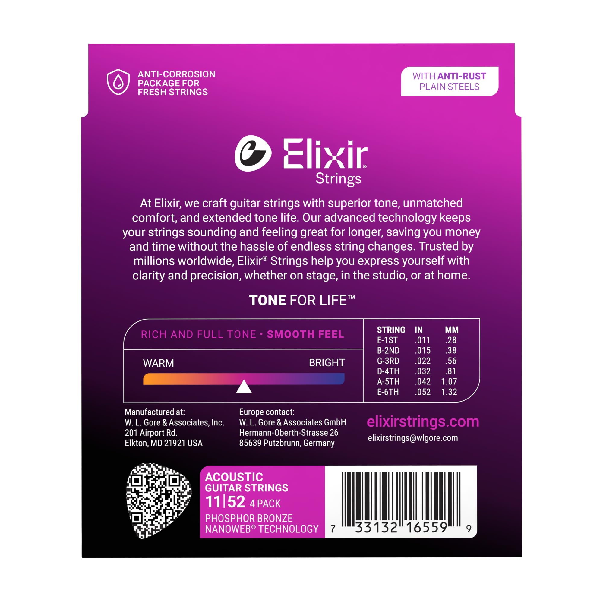 Elixir Strings Struny do Gitary Akustycznej z Brązu Fosforowego z Technologią NANOWEB, Custom Light (.011-.052)