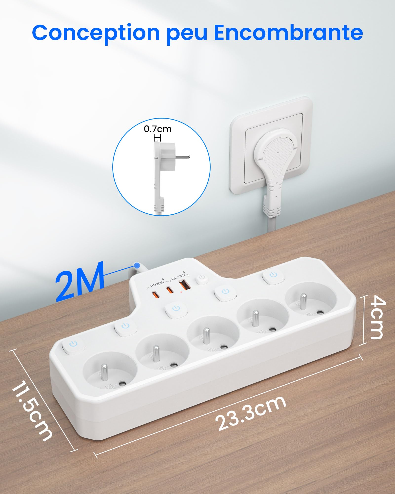 Listwa Zasilająca Wtyczka Płaska,5 Polskie Gniazda,Przedłużacz 2M Kabel | Gniazdo USB C PD20W Szybkim Ładowaniem,Indywidualny Przełącznik,Płaskie Gniazdko do Domu i Biura,za Biurkiem i Meblami,Biały