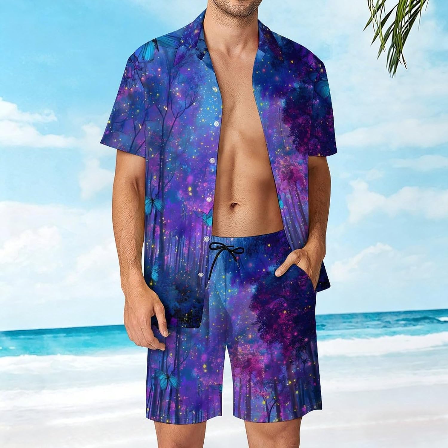 Glowing Butterflies Magical Forests Men's Summer Beach 2 Piece Outfits | hawaiian button down shirt and shorts,vacation cruise,mens bathing suit