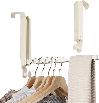 RFOUO Over The Door Hooks Hanger,Fits Door up to 1 3/4",Milky White, 2 Pack | Aluminum,Retractable Rod, Space-Saving, Foldable Over The Door Drying Rack,No drilling, For Laundry Bathroom Bedroom Travel