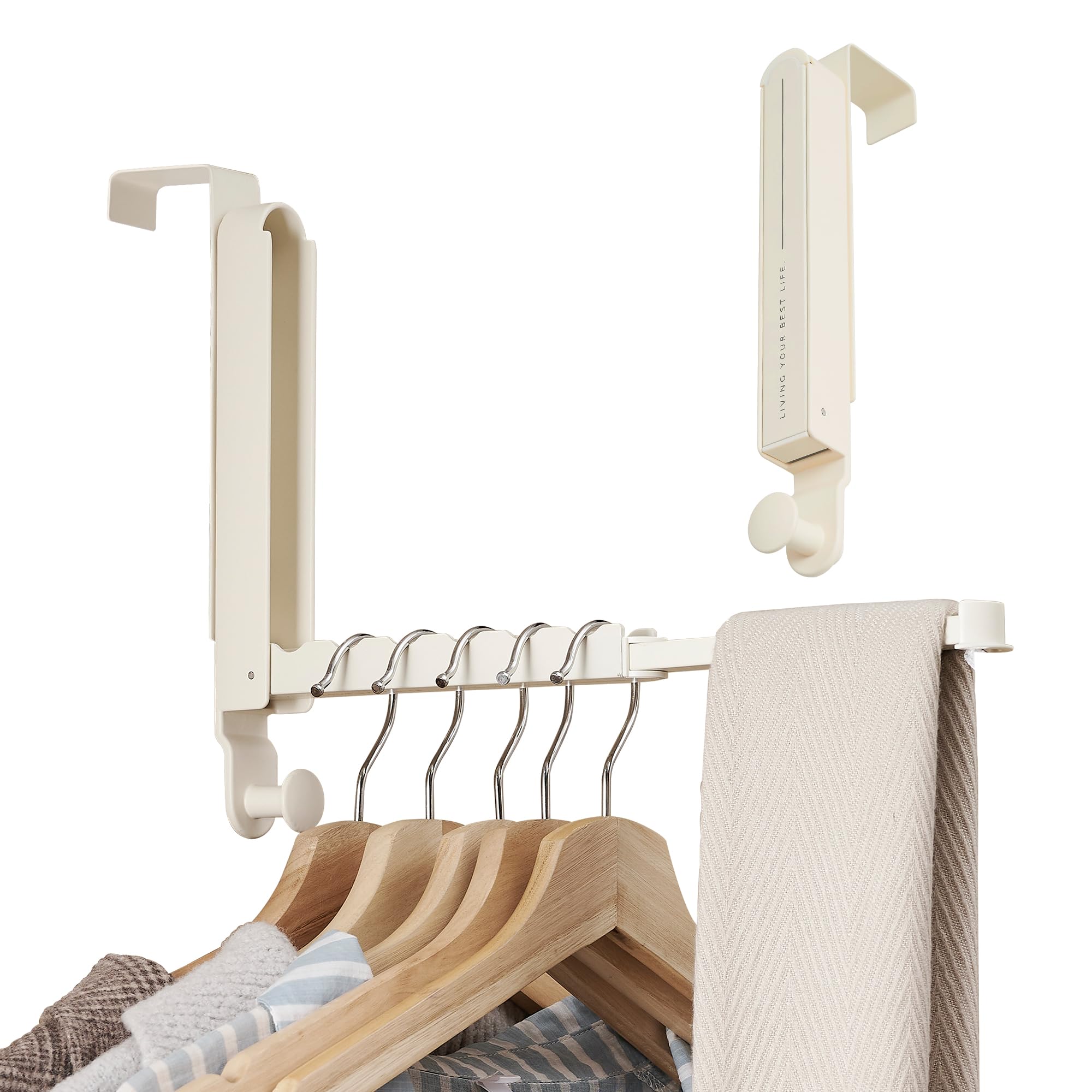 RFOUO Over The Door Hooks Hanger Fit Door up to 46mm Optimal 2pc,Over The Door Hanger with Retractable Rod,Foldable Over The Door Drying Rack for Laundry Bathroom Bedroom (Milky White, 2 Pack)