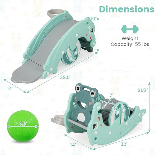 Miniatura 7 de Costzon Juguete mecedor 4 en 1 para niños pequeños, tobogán para niños con aro de baloncesto, caballo mecedor, parque infantil escalador para uso en