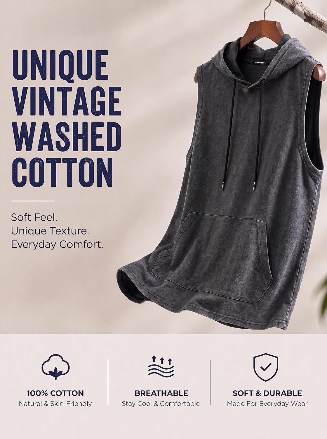JMIERR Men's Cotton Sleeveless Hooded Tank Top with Pocket