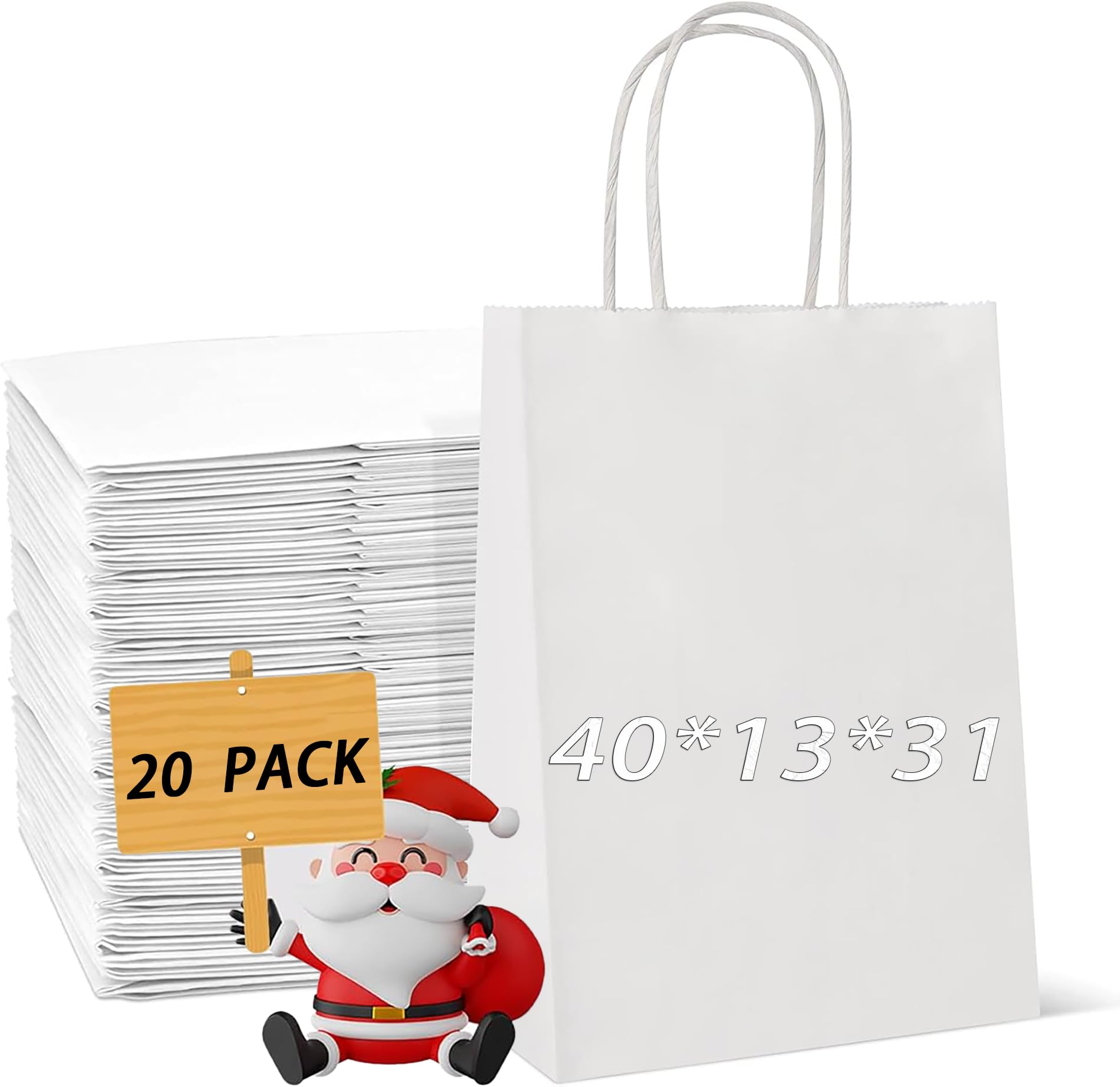 20pcs paper handbag, 15.75*5.12*12.2in gift package, twisted handle eco-friendly kraft bag for party, birthday, product packaging, retail paper bag supplies solid color handicraft DIY pattern, (White) — image 1