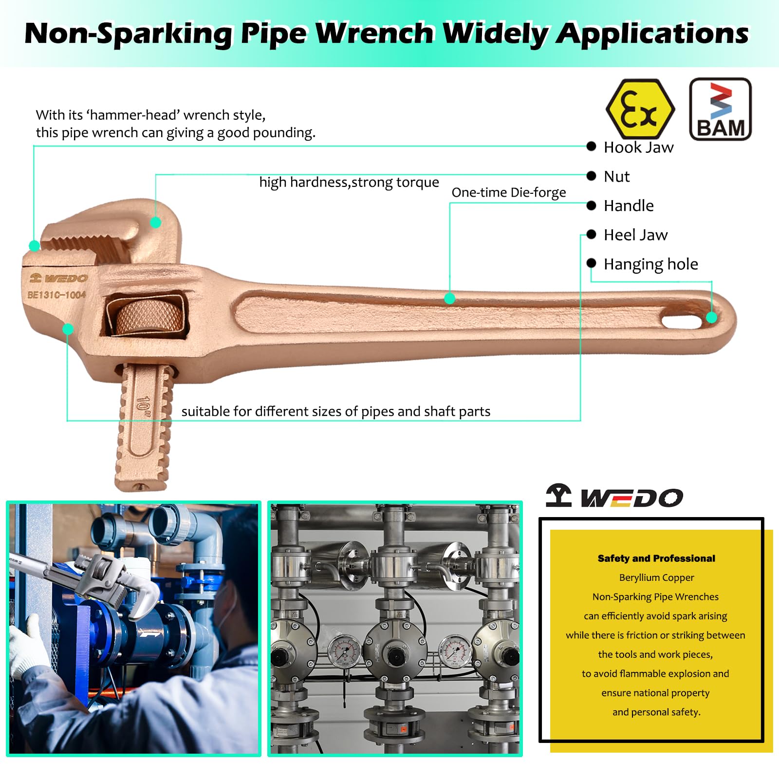 WEDO Nieparkingowy wygięty klucz do rur, beziskrowy prosty klucz hydrauliczny, klucz nastawny bezpieczeństwa bez iskry, miedź berylowa, niemagnetyczny, standard DIN, certyfikat BAM i FM, 15 mm, 60 mm x 375 mm
