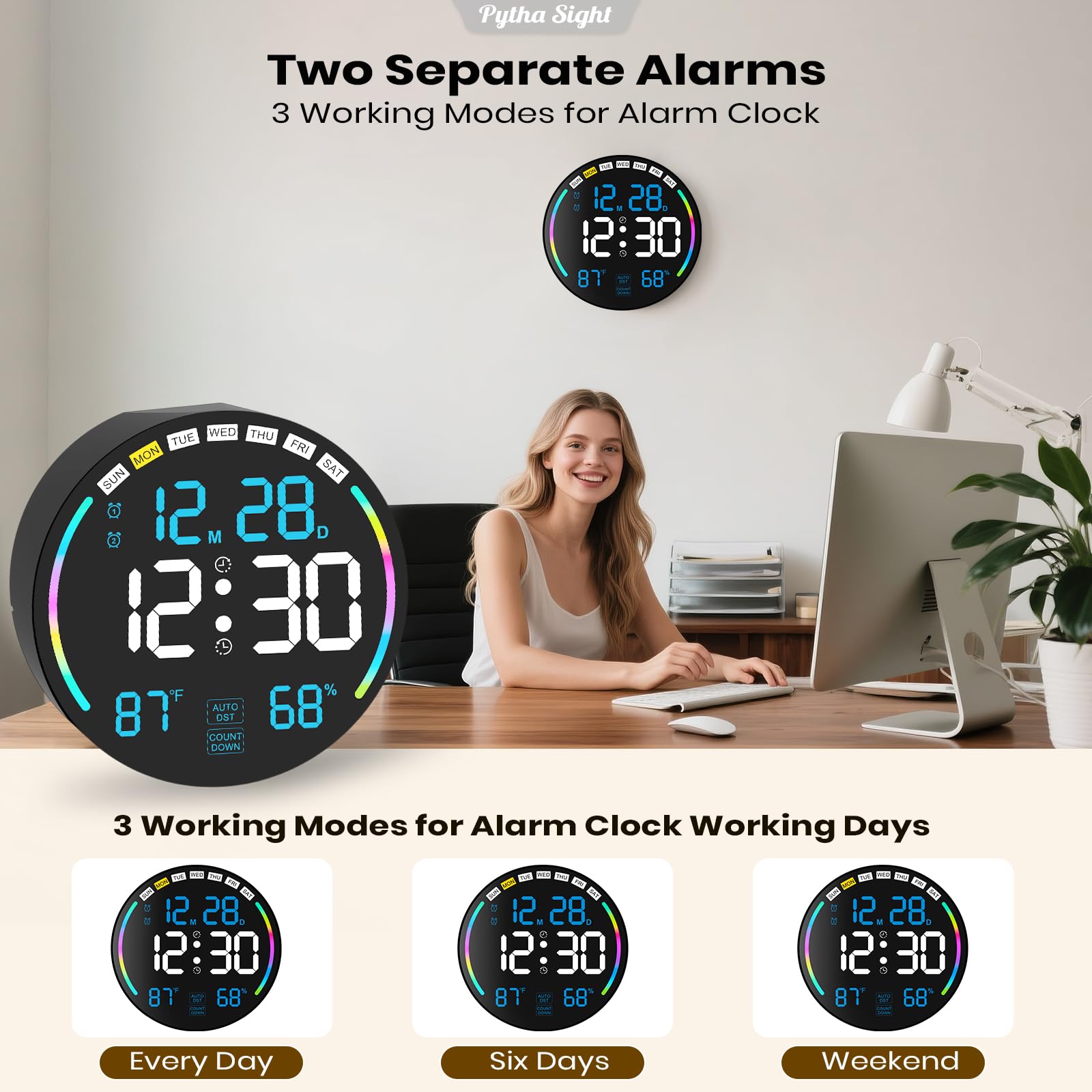 Horloge Murale numérique 26 cm LED Grand écran, Horloge Murale numérique avec 10 Couleurs RVB, Doubles alarmes, 10 Niveaux de luminosité, Voiture DST, minuterie pour Compte à rebours/Jour pour