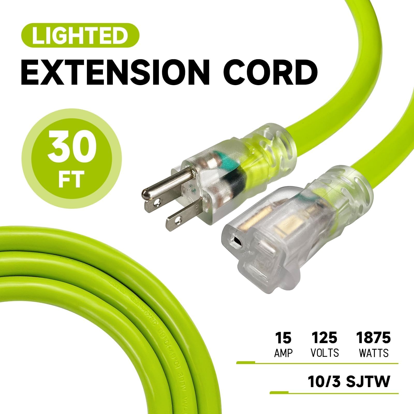 EP - Cable de extensión para exteriores iluminado de 30 pies, 10/3 SJTW, cable de extensión verde resistente con enchufe de tierra de 3 puntas para mayor seguridad, listado UL