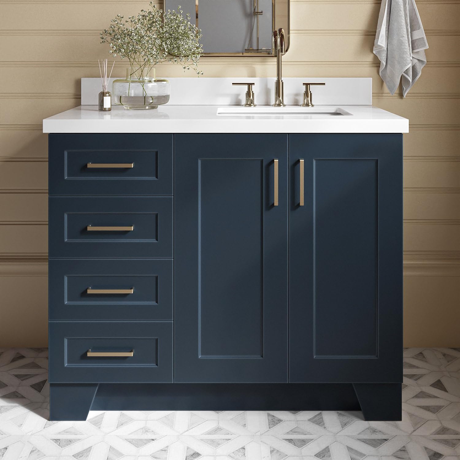 ARIEL Taylor 43 Inch Blue Bathroom Vanity with Sink, Solid Wood Bathroom Vanity Base Cabinet, White Quartz Countertop 1.5-Inch Edge, Right Rectangular Single Sink, 2 Soft Closing Doors, 5 Drawers
